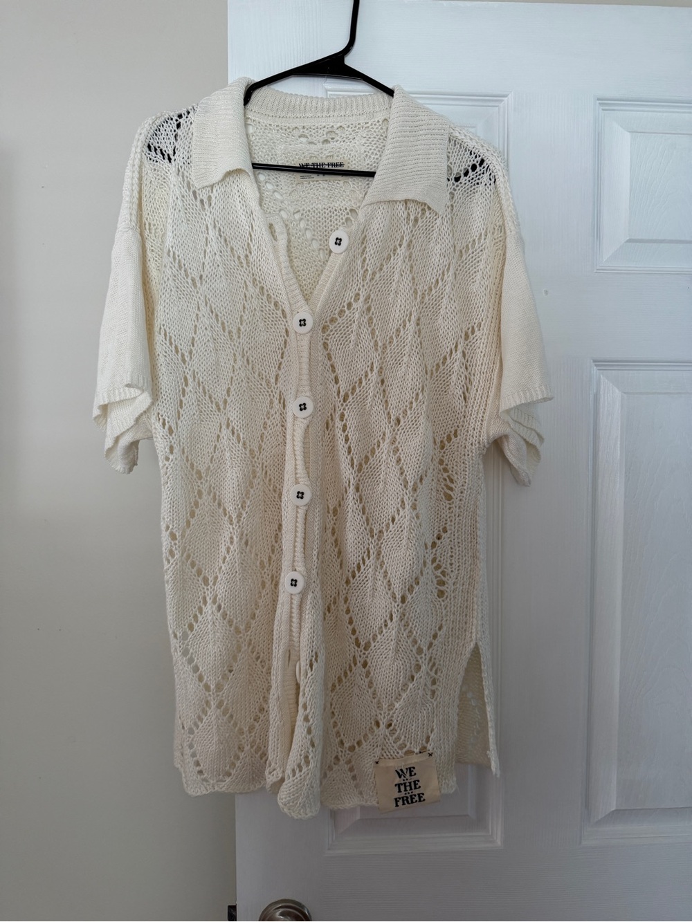 Free People Crochet Button-Up Short Sleeve Top in Cream